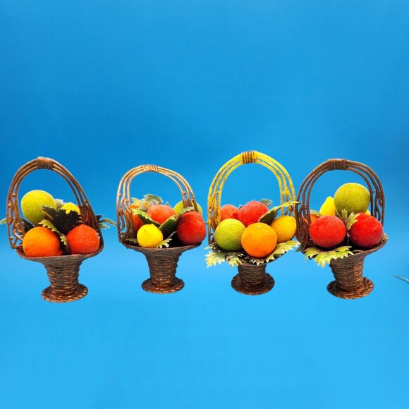MCM Miniature Flocked Fruit Basket Ornaments Doubl Glo Hong Kong 70s Kitsch VTG - Picture 3 of 9